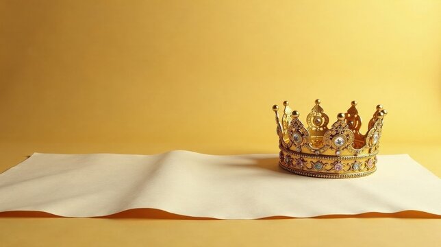 A golden crown rests upon a blank parchment scroll, signifying royal decree or a momentous declaration