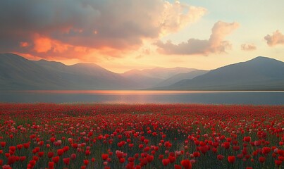 Serene sunset over mountain lake with poppy field.
