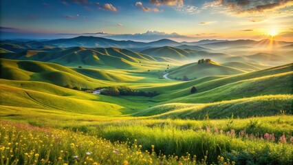 Fototapeta premium Serene Sunrise Over Rolling Green Hills and Vibrant Wildflowers