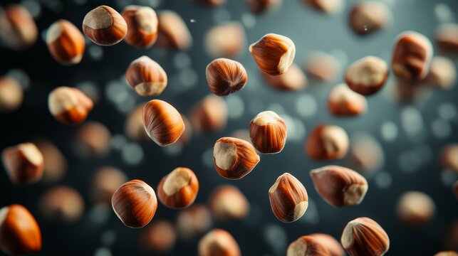 a collection of hazelnuts with crispy chocolate, floating in the air, uhd image, free-associative, back button focus, functionality emphasis, portraits with soft lighting
