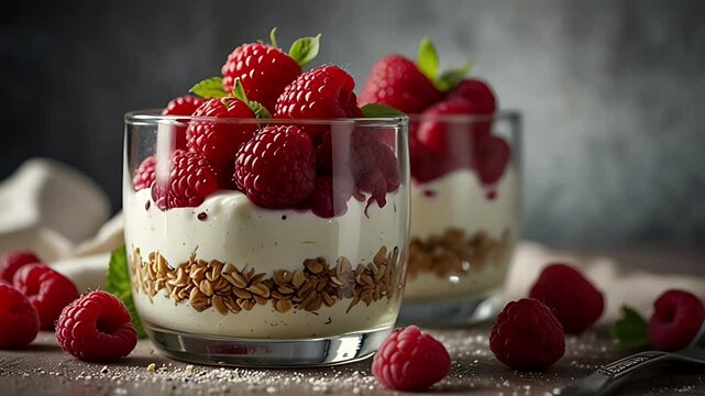 Fruit salad, oats and yogurt in a glass. Seamless 4K looping timelapse video animation background