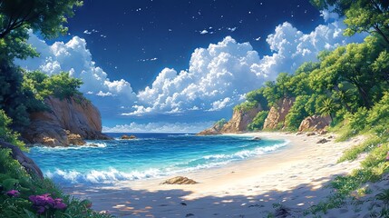 Fototapeta premium A serene tropical beach scene with vibrant colors and a clear blue sky.