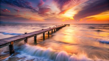 Obraz premium Serene Sunset Vista Wooden Pier Extending into a Vibrant Ocean at Dusk with Gentle Waves