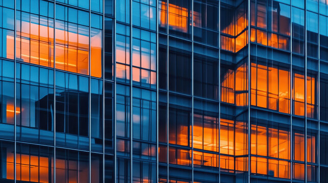A modern building with glass windows reflecting the sunset, representing contemporary architecture and a corporate environment