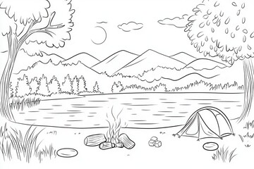 Fototapeta premium A serene mountain lake coloring book illustration with a family roasting marshmallows by a campfire, surrounded by trees and reflections of the mountains in the water. Add intricate patterns 