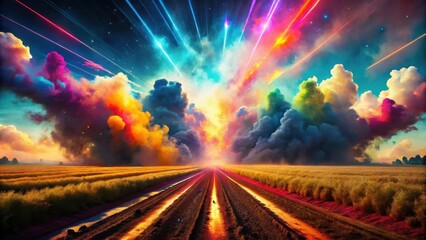Fototapeta premium Vibrant Celestial Rays Illuminate a Serene Rural Landscape