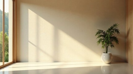 Fototapeta premium Serene Minimalist Room Interior Design with Natural Light and Greenery