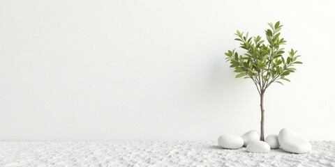 Serene Minimalist Scene Small Tree and Smooth Stones on White Sand Against a Plain White Wall