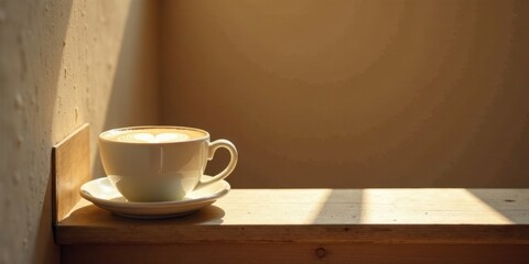 Obraz premium Aromatic Coffee Drink in a White Cup on a Wooden Surface Basking in Sunlight