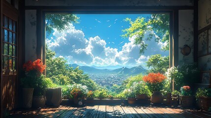 Serene view of mountains and a vibrant garden from a sunlit window.