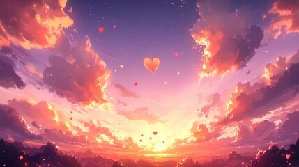 heart-shaped clouds floating across a vibrant sunset sky. The sky should transition from warm shades of orange and pink at the horizon to soft purples and blues at the top. Valentine Day Background.