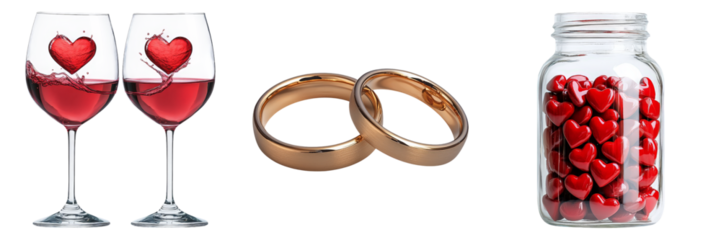 valentine clipart concept. Romantic elements: wine glasses, wedding rings, and a jar of red hearts. on Transparent background.