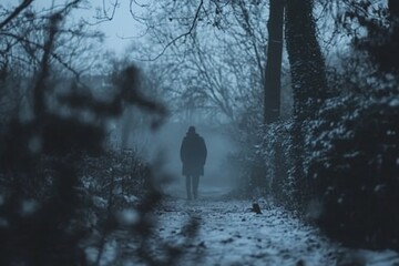 Solitary figure walking snowy path in foggy forest.