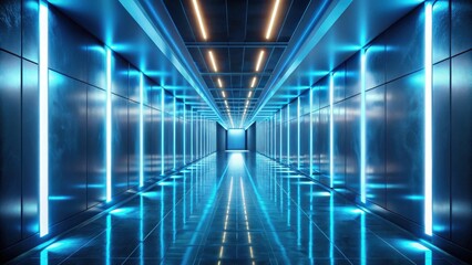 Futuristic Corridor with Bright Neon Lights and Reflective Floor