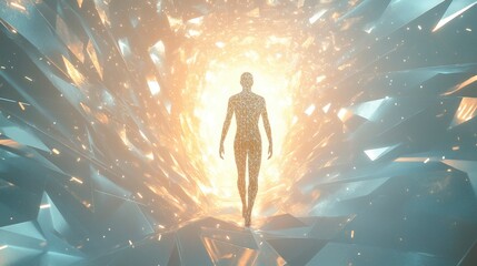 Fototapeta premium A glowing, translucent human figure, composed of light particles, is stepping forward from a geometric portal surrounded.