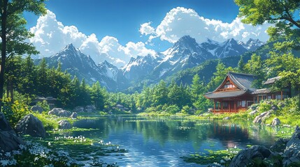 Naklejka premium Serene mountain landscape with a traditional pavilion by a tranquil lake.