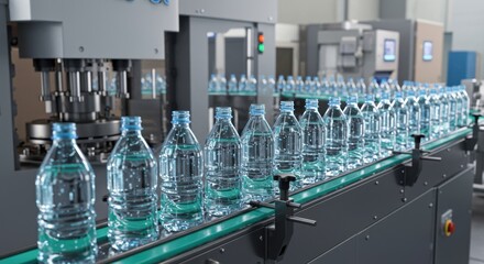 Automated bottling line in modern beverage factory processing water bottles