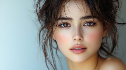 Stunning Close-Up Portrait of a Young Woman with Rosy Cheeks and Dark Hair