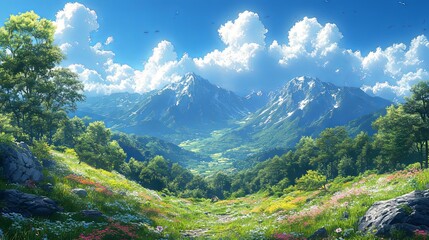 Obraz premium Breathtaking landscape with majestic mountains and blooming wildflowers in daylight.