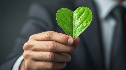Corporate Hands Holding Green Heart Leaf Advocating Conservation and Ecology