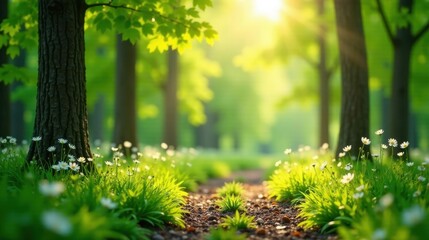Serene Woodland Path Bathed in Golden Sunlight, Wildflowers Adorn the Sides, Tranquil and Peaceful Forest Scene