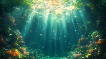 Vibrant underwater scene with colorful corals and sunlight filtering through the water.