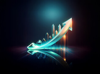 A glowing arrow ascends over a bar graph, symbolizing growth and progress.  The reflective surface enhances the futuristic, dynamic feel.
