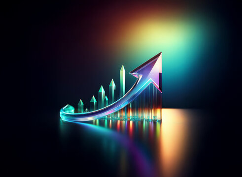 A vibrant, iridescent arrow ascends a glowing bar graph, symbolizing growth and progress against a dark, reflective background.  The scene is illuminated with multicolored light, creating a dynamic an