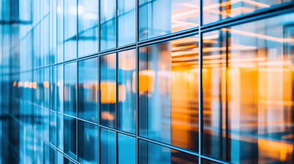 A modern building with glass windows reflecting the sunset, representing contemporary architecture and a corporate environment