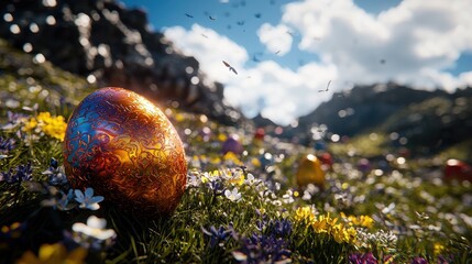 A whimsical Easter celebration in a meadow with children hunting for brightly colored eggs hidden among flowers. Include intricate patterns on the eggs and tiny butterflies fluttering around 