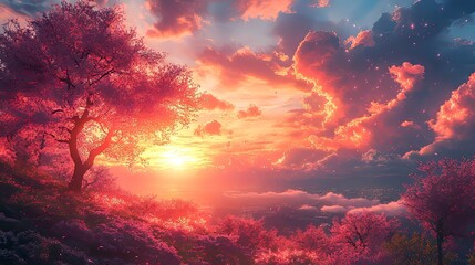 Fototapeta premium A breathtaking sunset amidst pink flowering trees.