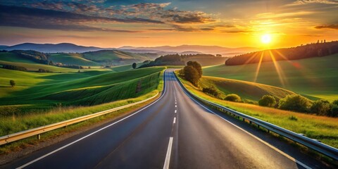 Asphalt road winding through scenic rolling hills at sunset, a journey of tranquility and open road adventures
