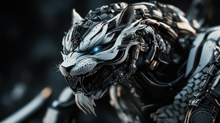 Robotic white tiger head, close-up, futuristic design.