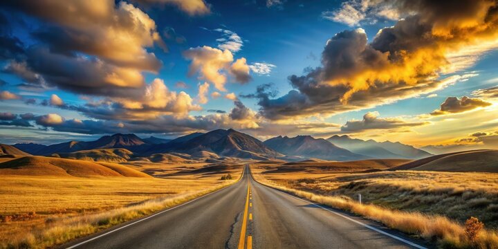 Asphalt road vanishing into a breathtaking sunset landscape, showcasing majestic mountains and rolling hills under a dramatic sky