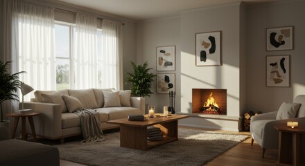 Cozy living room with modern decor and fireplace ambiance