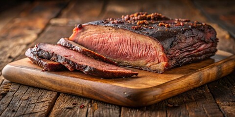 Smoked meat, sliced and served on a rustic wooden board