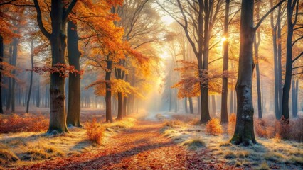 Fototapeta premium Autumnal Pathway Through a Misty Forest Bathed in Golden Sunlight, Revealing a Serene and Magical Atmosphere
