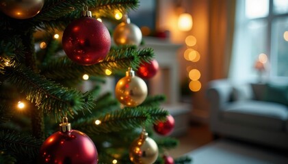Soft focus Christmas tree, vibrant ornaments, glowing lights, abstract, lights, christmas spirit