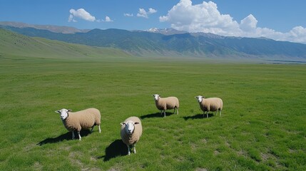 Scenic Green Meadow with Four Sheep Grazing Under Bright Blue Sky and Fluffy White Clouds in a Peaceful Rural Landscape with Majestic Mountains in the Background