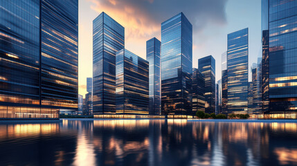 Modern office buildings with glass facades in the city center at dusk. Blue sky, reflections on the water, and an urban landscape