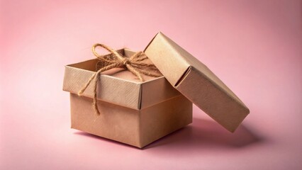 Obraz premium A partially opened square gift box made of brown kraft paper tied with twine on a pink background