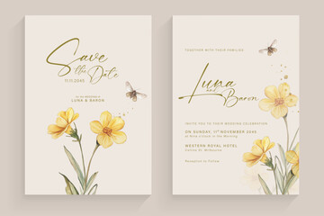 Double side modern wedding invitation template with yellow flower watercolor arrangement