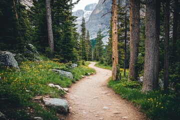 Fototapeta premium Winding trail through a mountain forest with wildflowers.