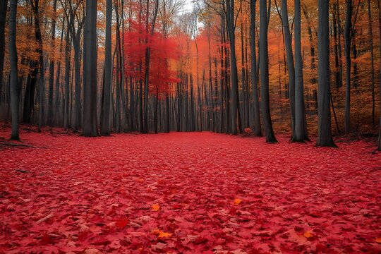 Red autumn leaves carpet forest path.