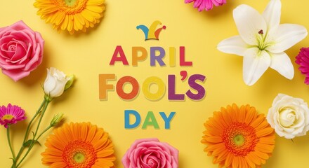 Colorful floral april fool's day celebration on a bright yellow background