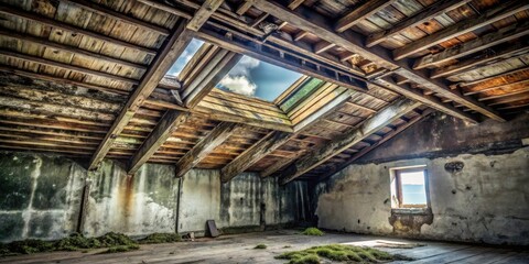 Fototapeta premium Sunlit Attic of an Abandoned Structure with Weathered Wood Beams and Patches of Moss
