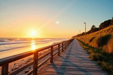 Fototapeta premium Golden hour sunlight bathes Palanga boardwalk, peaceful sea view , nature, getaway, golden hour