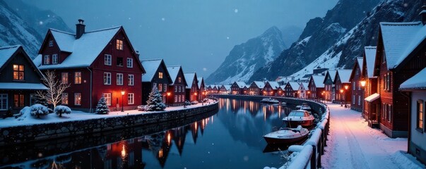 Fototapeta premium Snow-dusted Bryggen, Bergen Christmas lights gleam on historic, snow-covered buildings at twilight , Norway travel, snow-covered roofs, magical