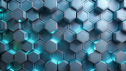 Fototapeta premium Abstract Teal Hexagonal Geometric Pattern with Illuminated Edges