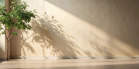 Fototapeta premium Sunlit Room with Plant and Textured Wall, Ideal for Design Presentation